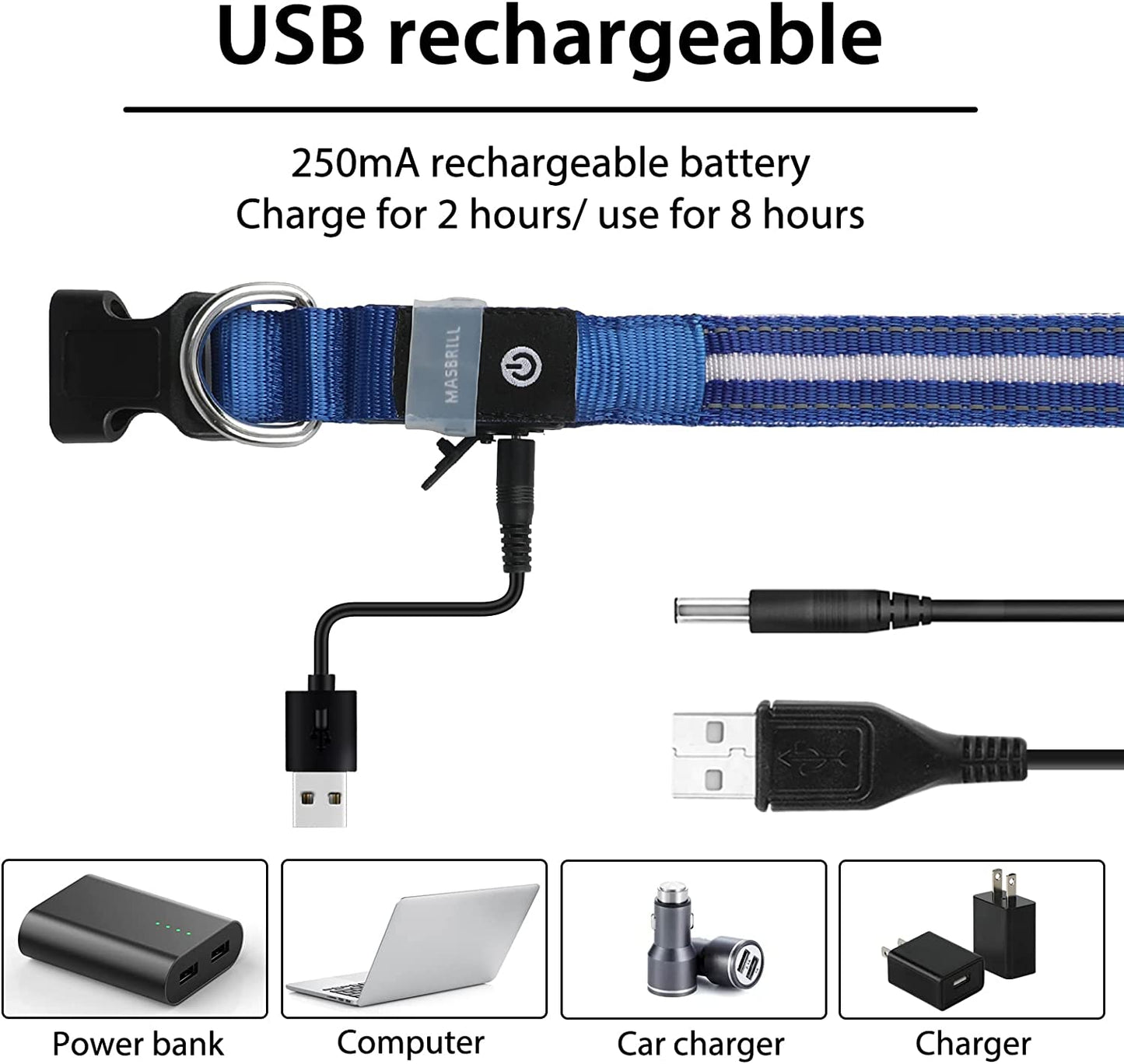 Led Dog Collar - Rechargeable, Water-Resistant, Flashing, Glowing, Night Walking Collar for Dogs - Blue, Size M (19.69*0.98Inch)