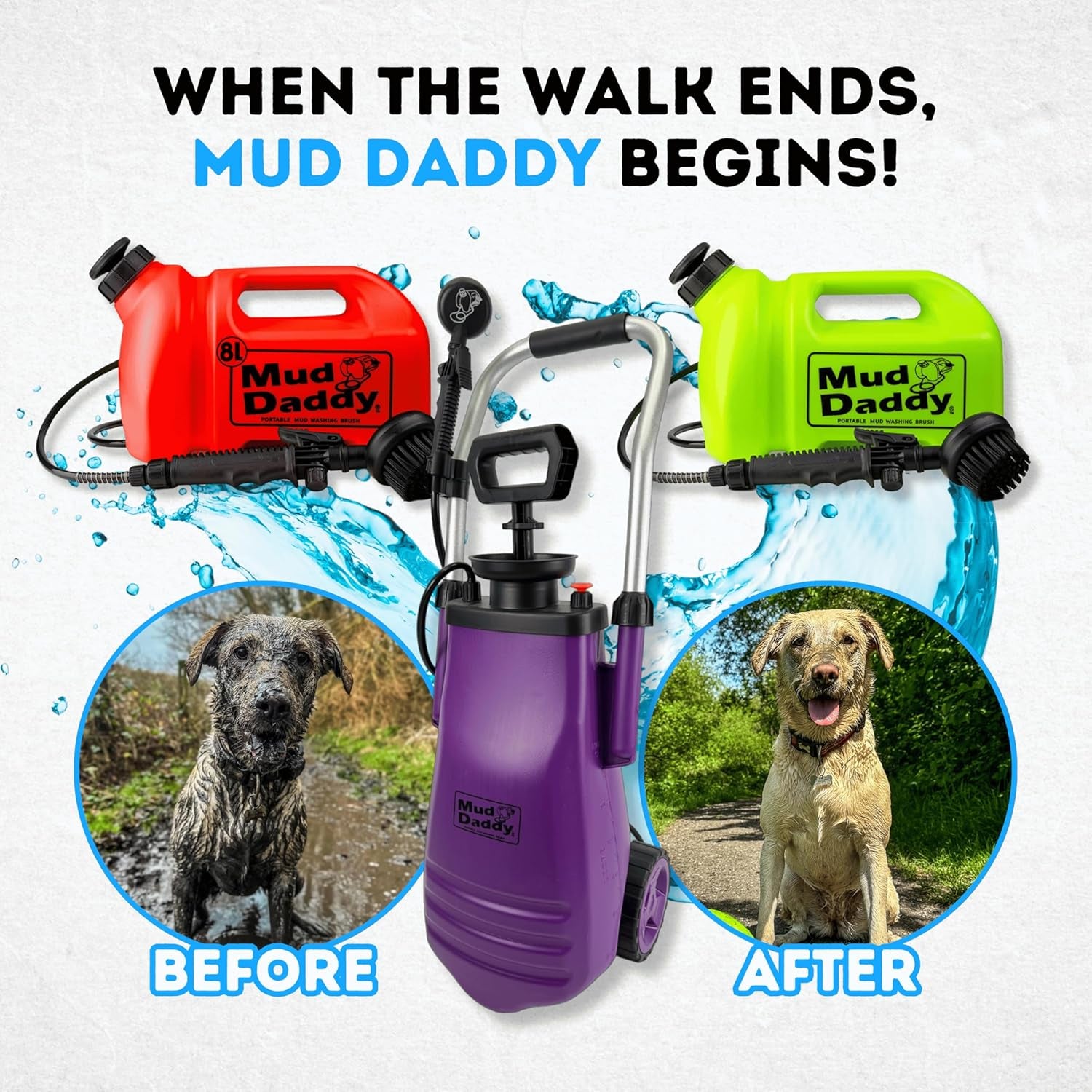 Dog Washer - Portable 2.1 Gallon (8L) with Bath Brush, Paw Cleaner, and Shower Hose Attachment, Red