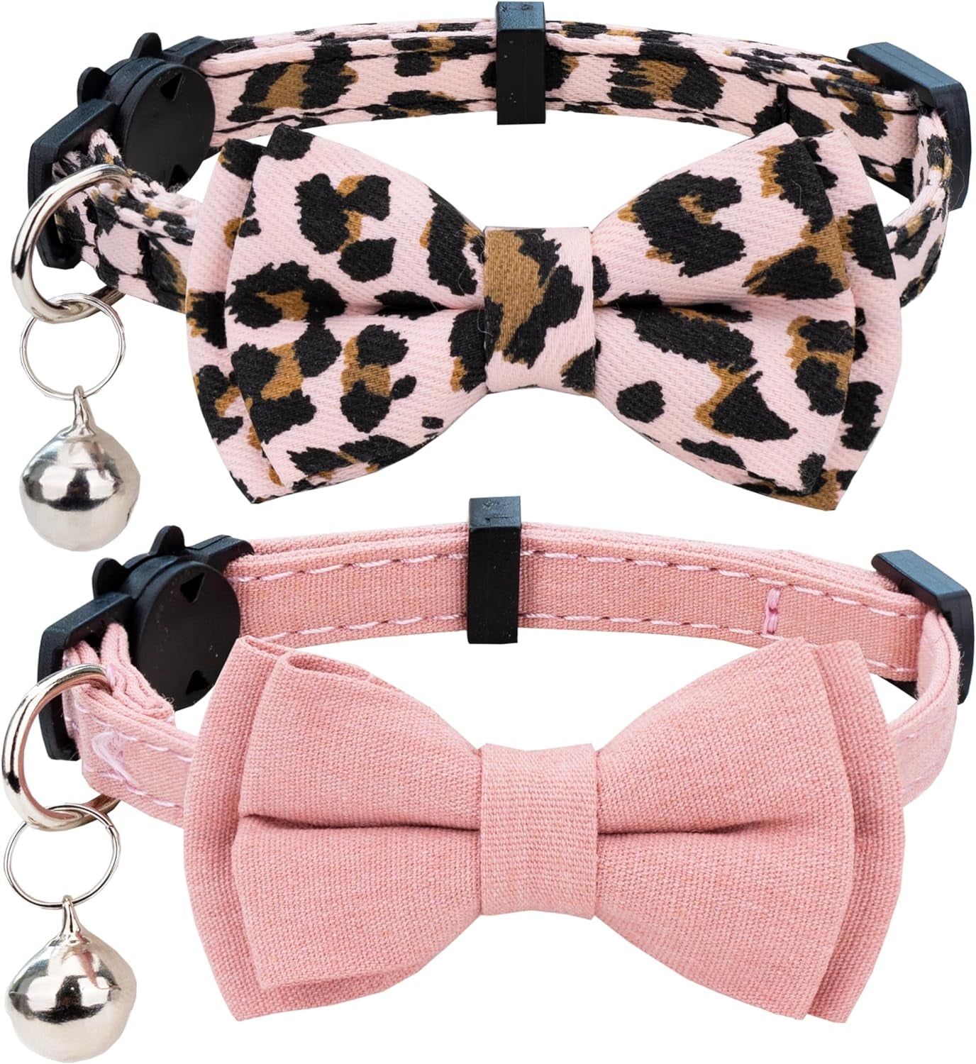 Collar for Cat Pet Breakaway with Bell Bowtie Detachable Bow Adjustable Safety Kitten Puppy Girl Boy 2Pcs Pink Leopard & Pure