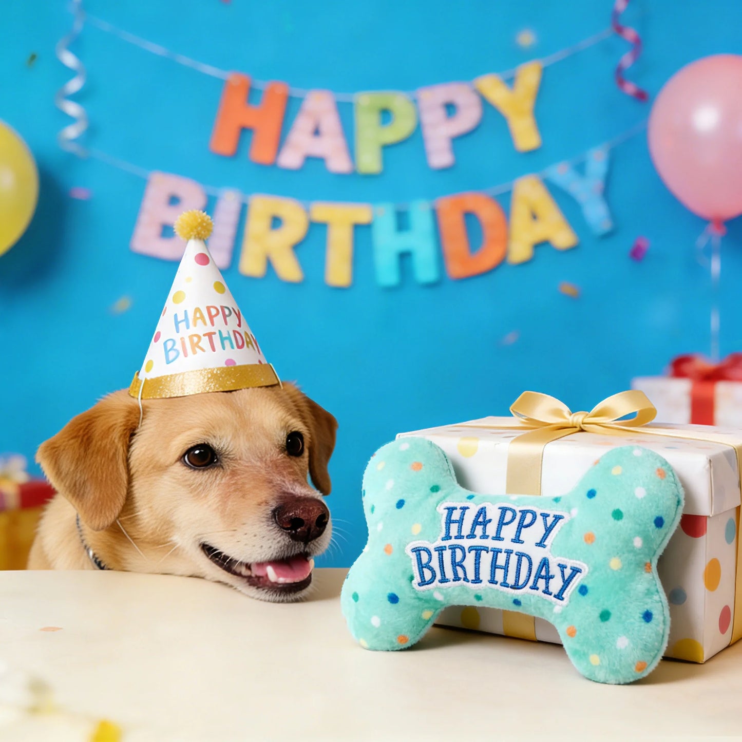 Dog Birthday Toys, Plush Dog Squeaky Toys, Dog Chew Toys Bone for Small Medium Large Dogs