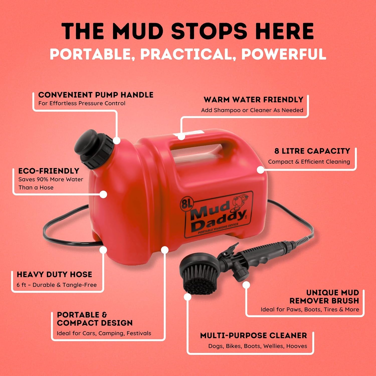 Dog Washer - Portable 2.1 Gallon (8L) with Bath Brush, Paw Cleaner, and Shower Hose Attachment, Red