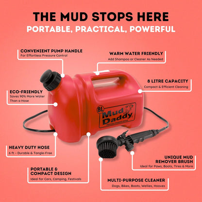 Dog Washer - Portable 2.1 Gallon (8L) with Bath Brush, Paw Cleaner, and Shower Hose Attachment, Red