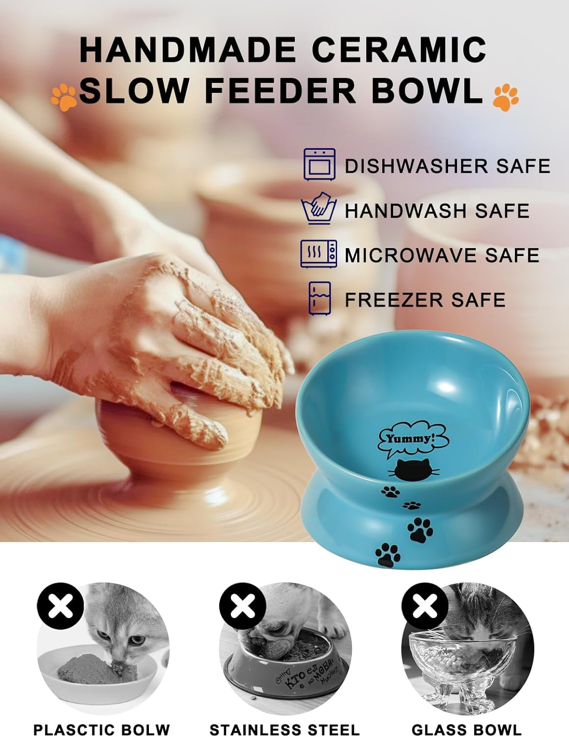 Elevated Cat Food Bowl, Ceramic Raised Bowl, Tilt Angle Protects Cat'S Spine, anti Vomiting Dish, Backflow Prevention, Lake Blue