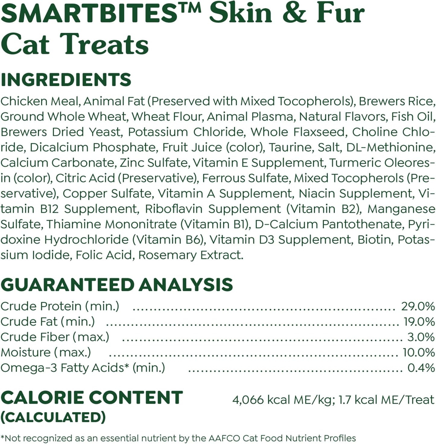 Feline Smartbites Skin & Fur Health Crunchy and Soft Cat Treats, Chicken Flavor, 16 Oz. Tub
