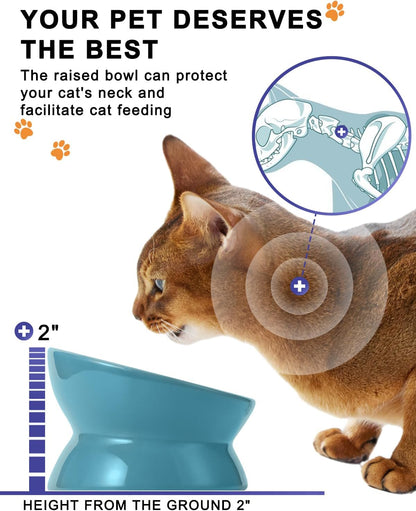 Elevated Cat Food Bowl, Ceramic Raised Bowl, Tilt Angle Protects Cat'S Spine, anti Vomiting Dish, Backflow Prevention, Lake Blue
