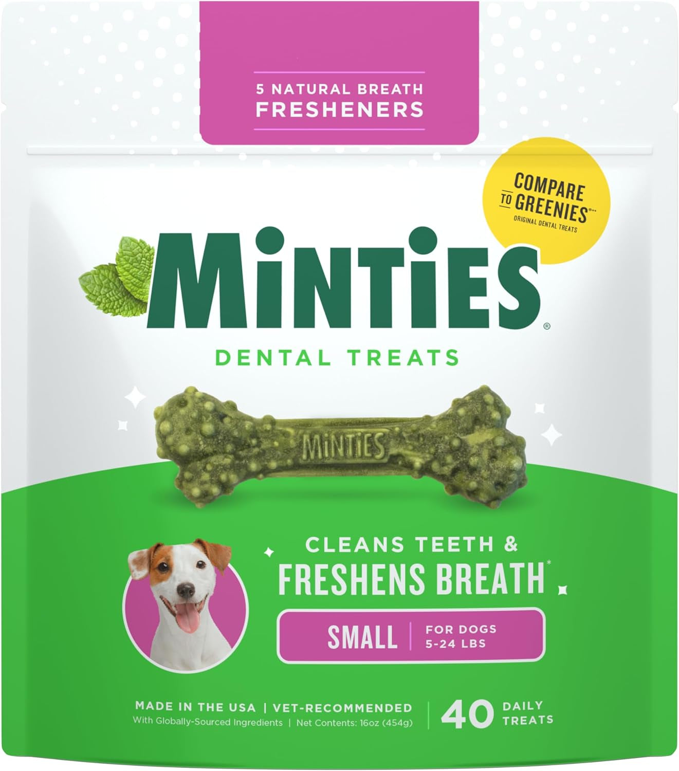 Dog Dental Bone Treats, Tiny/Small Dental Dog Treats, 16 Ounces, Cleans Teeth, Fight Bad Breath, Removes Plaque and Tartar, 16 Count