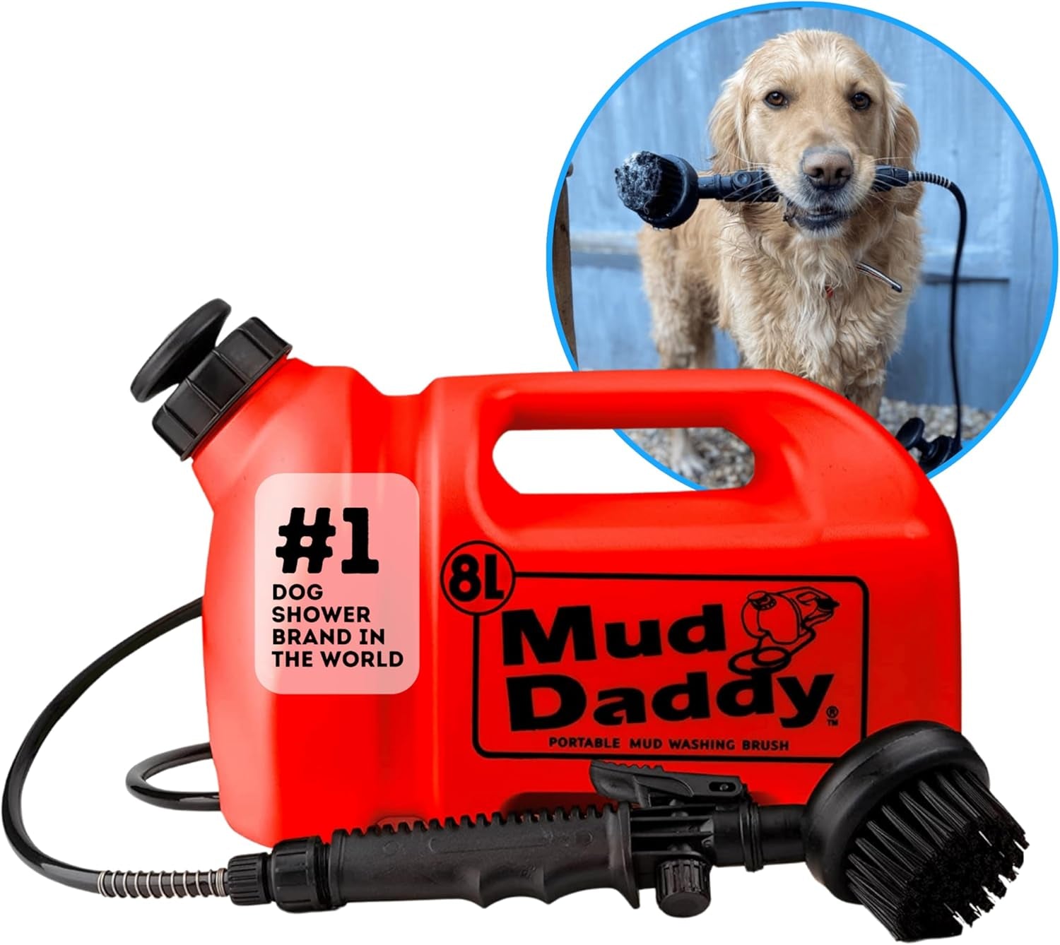 Dog Washer - Portable 2.1 Gallon (8L) with Bath Brush, Paw Cleaner, and Shower Hose Attachment, Red