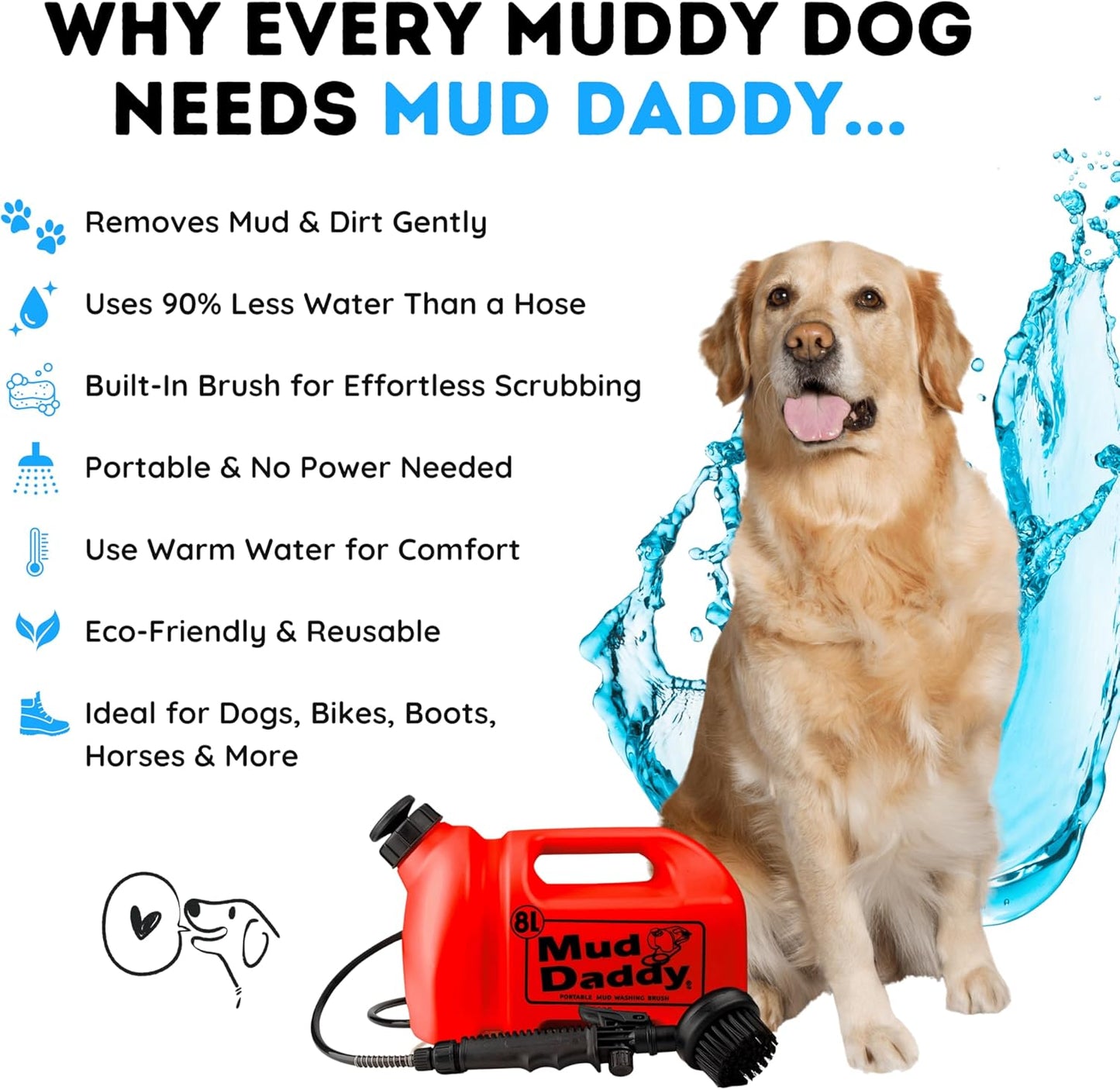 Dog Washer - Portable 2.1 Gallon (8L) with Bath Brush, Paw Cleaner, and Shower Hose Attachment, Red