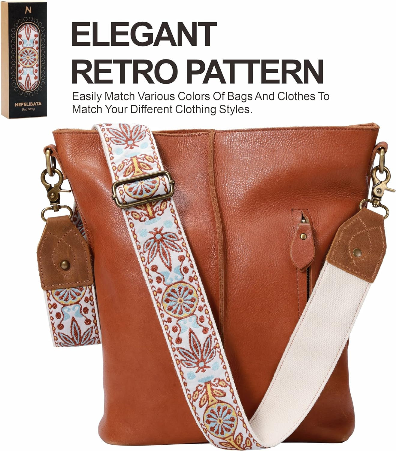 Purse Strap, 2" Crazy Horse Leather End Shoulder Strap Adjustable Replacement,Retro Jacquard Embroidery Multi-Pattern Crossbody Bag Straps for Handbag,Crossbody Bags(White Woven)
