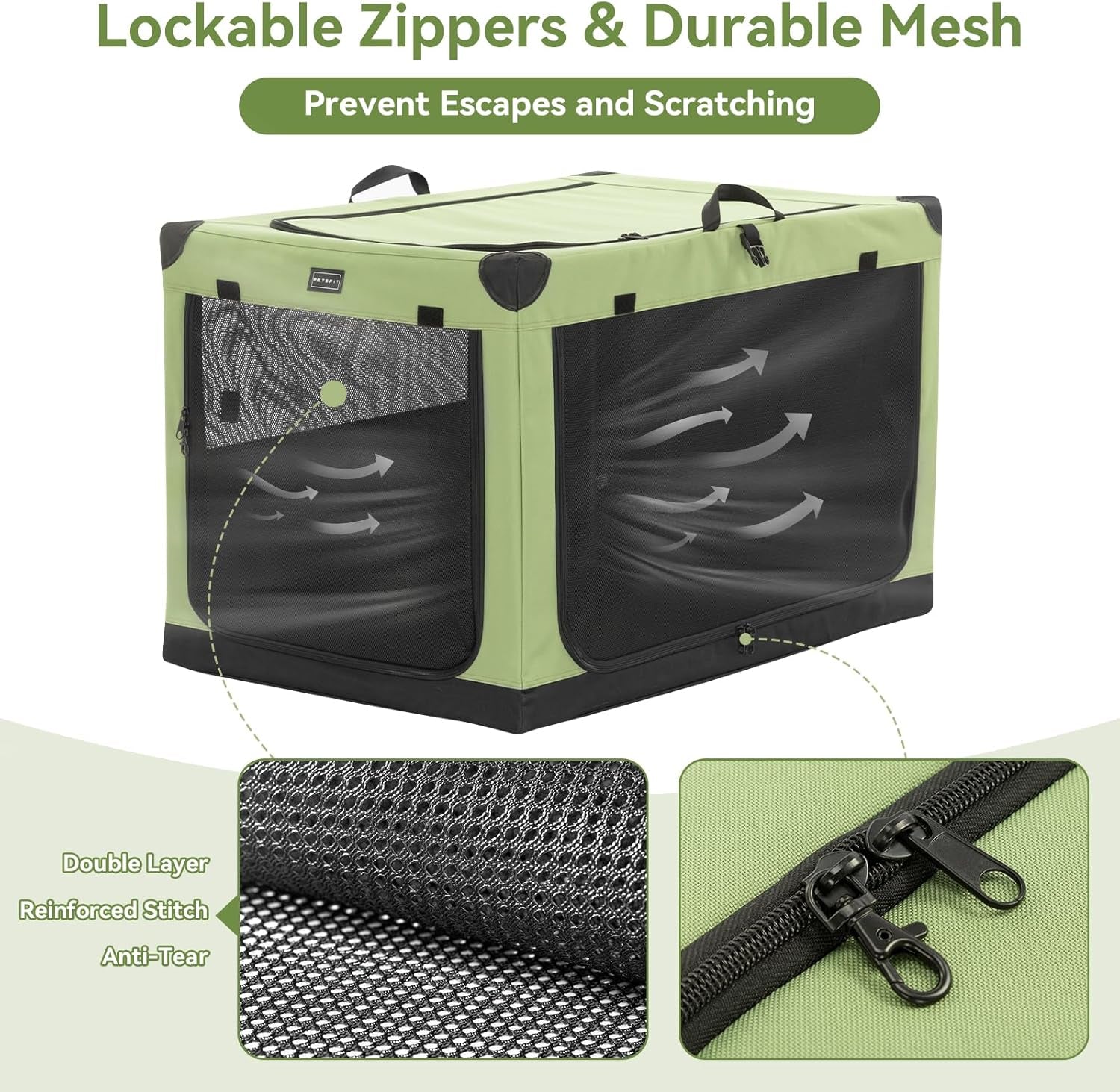 Soft Dog Crate, Dog Travel Crate - 36 Inch Lightweight, Easy Setup, Sturdy Portable Dog Crate, Adjustable Framework with 3 Mesh Door, Soft Sided Collapsible Dog Kennel Green