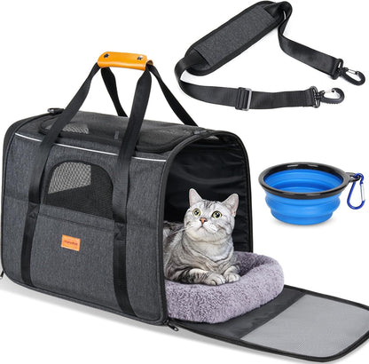 Cat Carrier - Cat Carrier Soft for Medium or Large Cats up to 20Lbs, with Dual-Sided Cushion, Secure Buckle and Foldable Bowl, Dog Carriers for Small Dogs - Pet Carrier (Dark Gray)