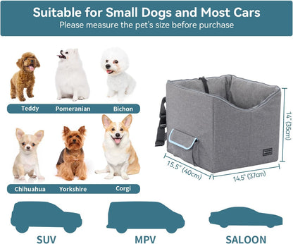Small Dog Car Seat, Pet Travel Car Booster Seat with Safety Belt, Washable Double-Sided Cushion and Storage Pocket for Small Pet (Small, Light Grey)