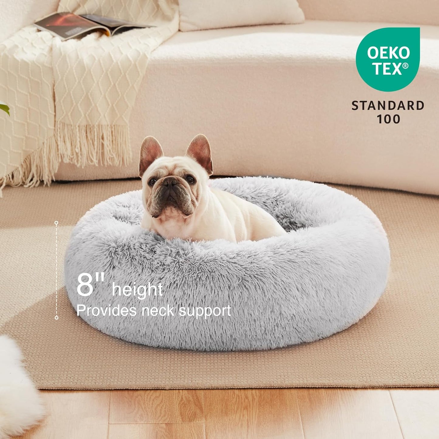 Calming Cat Bed for Indoor Cats,Anti-Anxiety Donut round Dog Bed,Fluffy Faux Fur Washable Pet Bed for Small Medium Dogs and Cats,Grey,24In