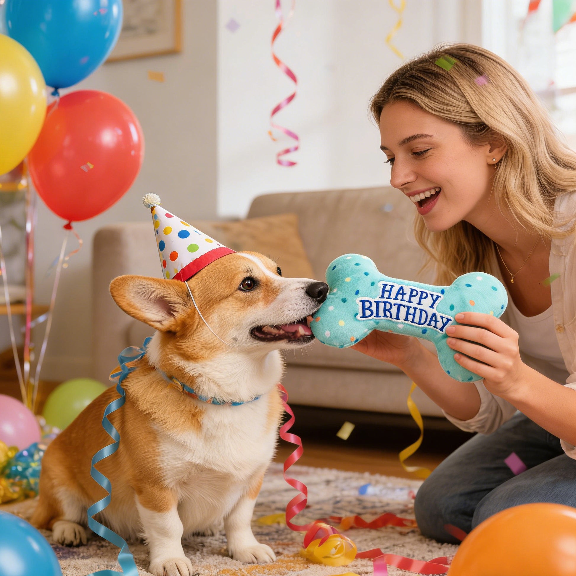 Dog Birthday Toys, Plush Dog Squeaky Toys, Dog Chew Toys Bone for Small Medium Large Dogs