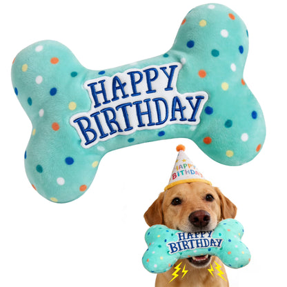 Dog Birthday Toys, Plush Dog Squeaky Toys, Dog Chew Toys Bone for Small Medium Large Dogs