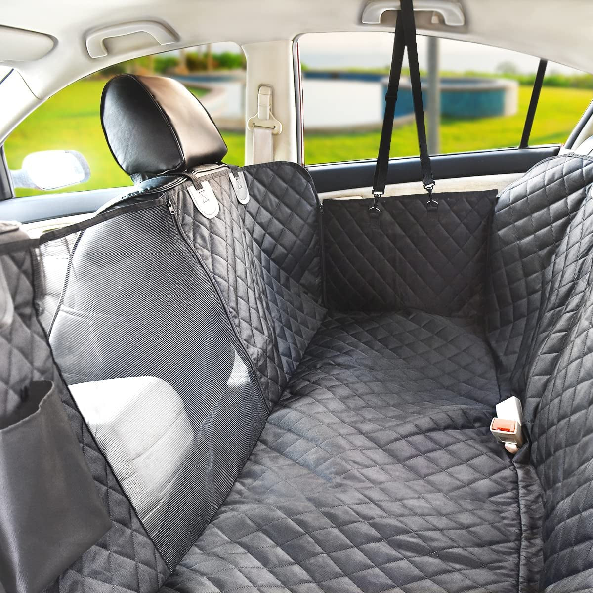 Dog Car Seat Cover for Back Seat, 100% Waterproof Back Seat Pet Cover for Dogs with Mesh Window, Scratch Prevent Antinslip Dog Hammock for Car